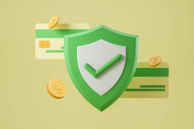 Finansal güvenlik, madeni paralı kredi kartı. Para transferi ve yeşil kalkan. Kripto para birimi, online bankacılık, alışveriş. Korunma kavramı. 3B görüntüleme