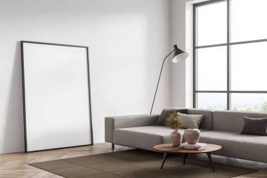 Parlak oturma odası içi boş beyaz poster, panoramik pencere, kanepe, sehpa, halı ve meşe ağacından ahşap zemin. Çağdaş daire tasarımı kavramı. Model yap. 3d oluşturma