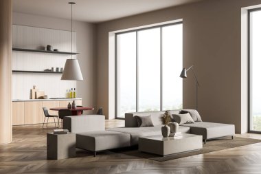 Açık mutfak tasarımı Villanın oturma odasında modern mobilyalar, ahşap döşemeler, büyük bir kanepe. Yemek masası. Panoramik pencere. Rahatlama kavramı. 3d oluşturma