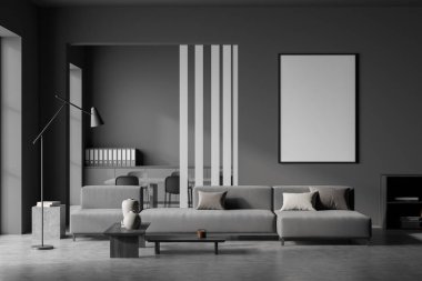 İçi boş beyaz posteri, kanepesi, beton zemini, rafı, sehpası, yastıkları, masası, sandalyesi olan karanlık bir oturma odası. Buluşma ve dinlenme yeri. Model yap. 3d oluşturma