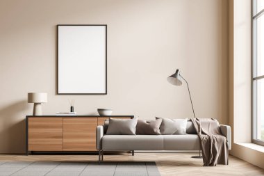 Boş beyaz poster, kanepe, kırsal manzaralı panoramik pencere, meşe ağacından ahşap döşeme, büfe, ekose. Buluşma ve dinlenme yeri. Model yap. 3d oluşturma