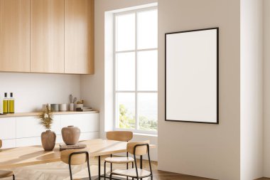 Parlak mutfak içi boş beyaz poster, yemek masası, sandalyeler, yağ şişeleri, tabaklar, çanak çömlek, dolap, havlular. Minimalist tasarım kavramı. Yaratıcı fikir için yer var. Model yap. 3d oluşturma