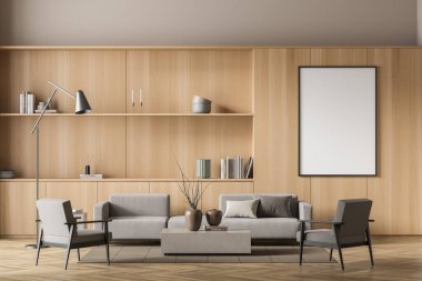 Villa oturma odasının iç tasarımı, ahşap mobilyalar, ahşap döşemeler, büyük kanepe, iki koltuk. Rahatlama kavramı. 3d oluşturma