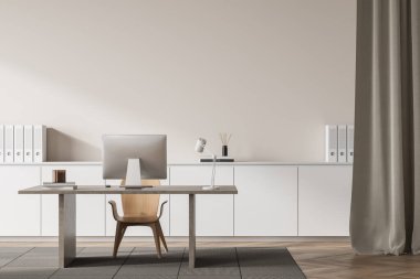 Parlak ofis odası içi boş beyaz duvar, masaüstü, meşe ağacından ahşap döşeme, lamba ve kitaplarla dolu masa, perde. Yönetici iş yeri kavramı. Model yap. 3d oluşturma