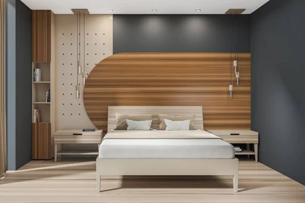 Pared Gris Vacía Dormitorio Interior Moderno Cama Cómoda Concepto Vida — Foto de Stock