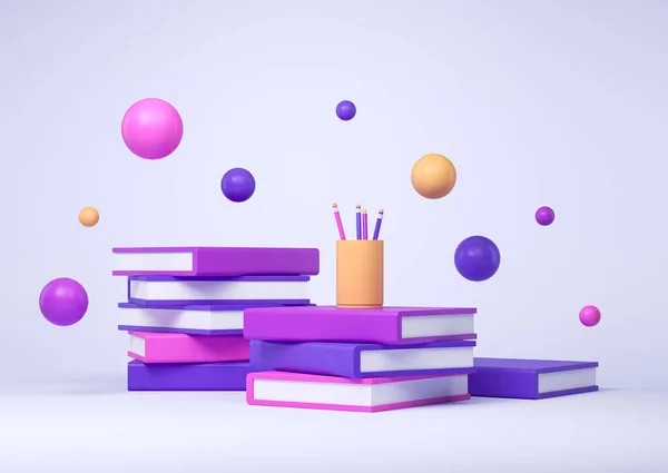 Stack Books Hovering Balls Pencil Cup Purple Background Rendering Concept — Stock Photo, Image