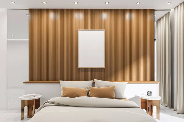 Interior Brilhante Quarto Com Cartaz Branco Vazio Cama Janela Panorâmica — Fotografia de Stock