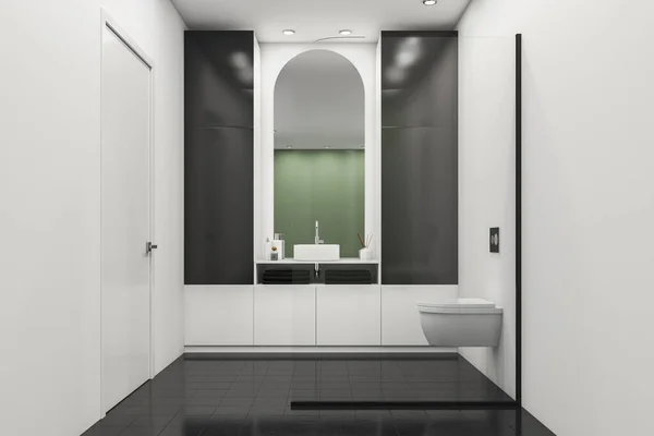 Białe Czarne Wnętrze Łazienki Umywalką Lustrem Półki Ręczniki Toaleta Drzwiowa — Zdjęcie stockowe