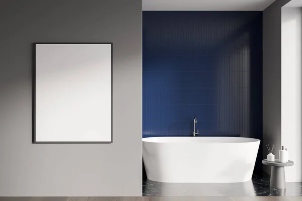 Modern Bathroom Interior White Ceramic Bathtub Blue Tile Walls Hardwood — Stock Photo, Image