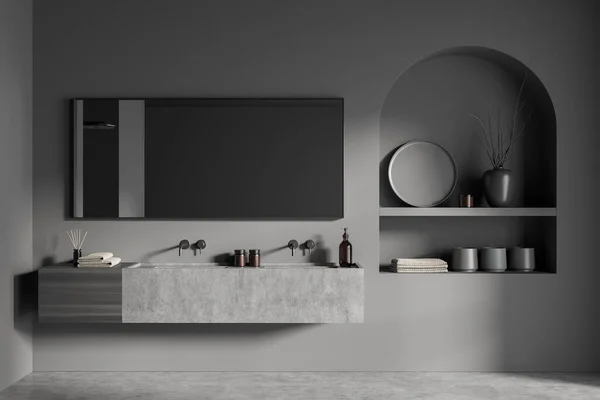 Modernes Badezimmer Mit Keramik Badewanne Doppelwaschbecken Spiegel Graue Wände Betonböden — Stockfoto