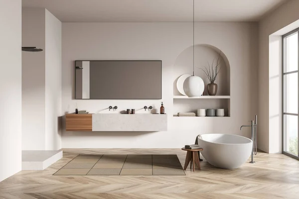 Modernes Badezimmer Mit Keramik Badewanne Doppelwaschbecken Spiegel Dusche Weiße Wände — Stockfoto
