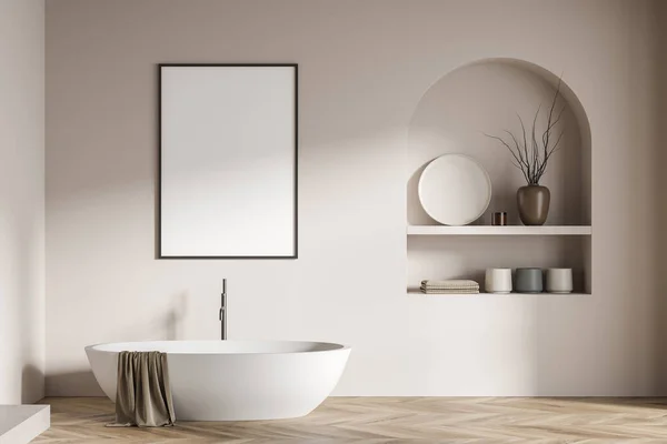 세라믹 욕조가 현대식 바닥에 포스터를 놓았습니다 렌더링 — 스톡 사진