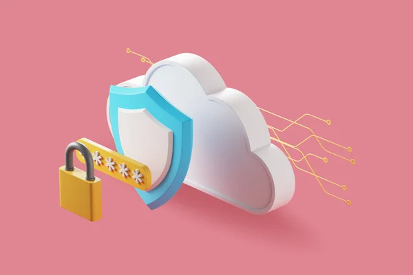 White Cloud Yellow Padlock Blue Protection Shield Pink Background Cloud — Stock Photo, Image