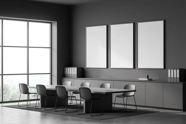 Dark Meeting Room Interior Black Chairs Table Carpet Concrete Floor — Stock Photo, Image