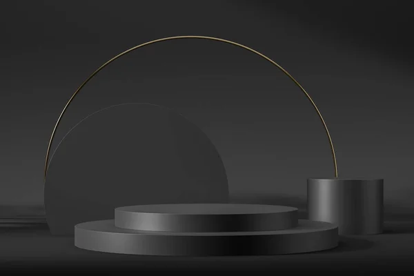 Zwarte Platformstandaard Met Cilinders Gouden Decoratie Minimalistische Mockup Voor Product — Stockfoto