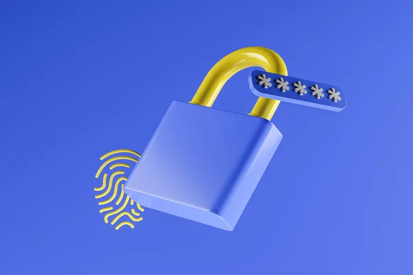 Blue Padlock Yellow Fingerprint Hovering Air Password Interface Log Cyber — Stock Photo, Image