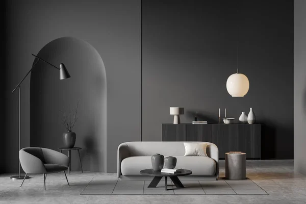 Villa Moderna Sala Estar Diseño Interior Muebles Grises Paredes Oscuras — Foto de Stock
