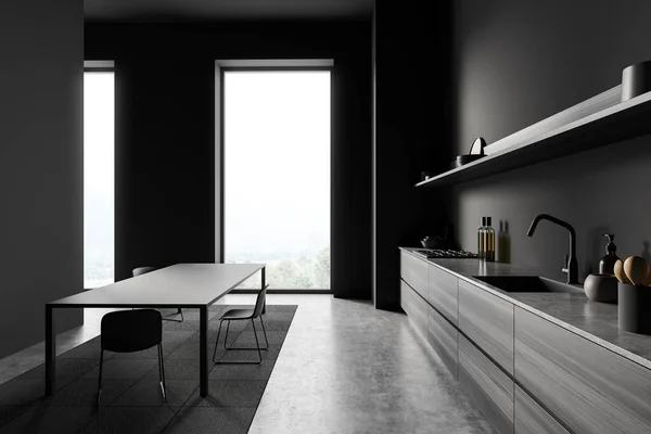 Vista Lateral Sobre Cozinha Escura Interior Com Janela Com Vista — Fotografia de Stock