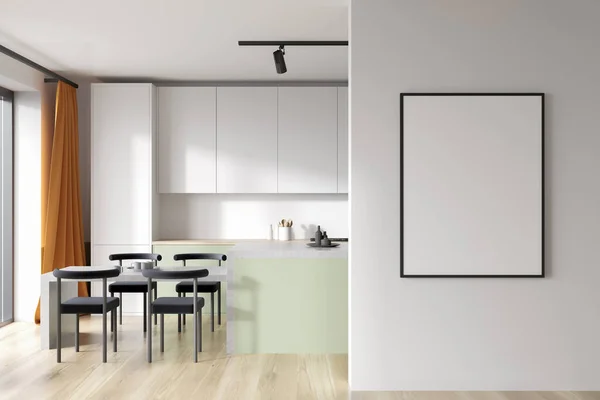 Interior Luminoso Cocina Con Afiche Blanco Vacío Ventana Panorámica Con — Foto de Stock