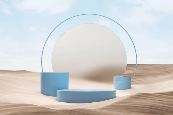 Blauw Platform Staan Woestijn Drie Cilinders Glazen Decoratie Minimalistische Mockup — Stockfoto