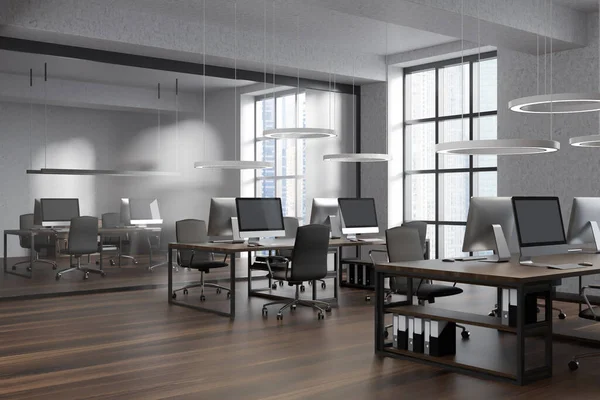 Blanco Luminoso Interior Sala Oficina Con Lugares Trabajo Ventanas Panorámicas — Foto de Stock