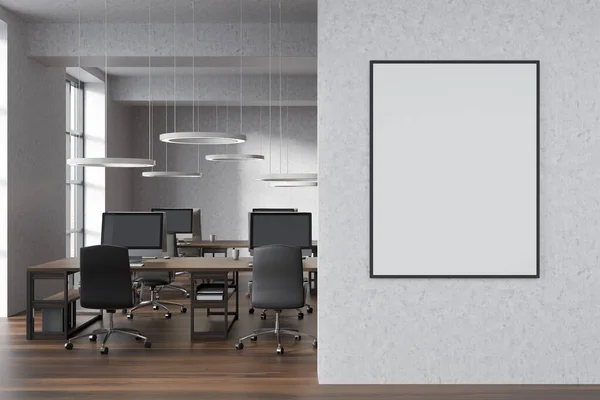 塑造出框架结构的帆布海报墙面办公室内部 白色明亮的房间 有工作场所 全景窗户 硬木地板 办公桌上的台式计算机 合作的概念 3D渲染 — 图库照片