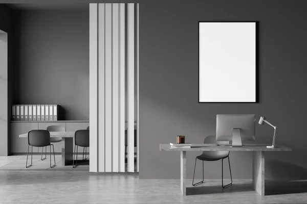 灰色入口大厅内部有管理空间和个人电脑 椅子和桌子在地毯上 灰色混凝土地板 有抽屉和文件夹的会议室 墙壁上的模型框架 3D渲染 — 图库照片