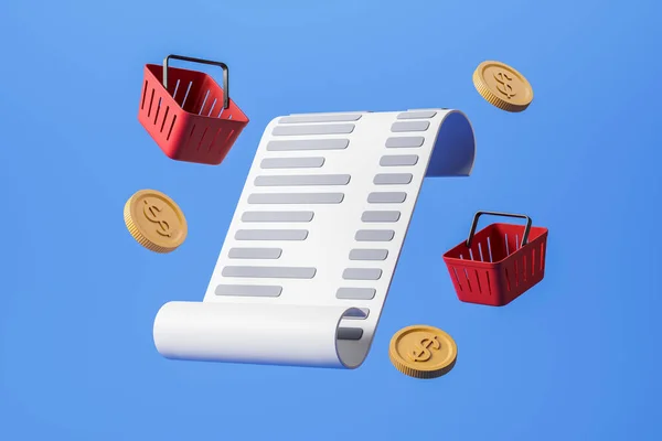 Printed receipt and falling down dollar coins with basket of goods as a concept of fixed set of consumer products. Blue background. Online shopping and consumers behavior. 3d rendering