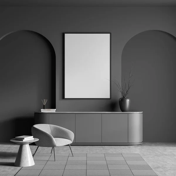 仿制空间造型壁贴挂在灰色橱柜上方的别墅客厅设计室内 深色墙壁 混凝土地板 放松的概念 3D渲染 — 图库照片