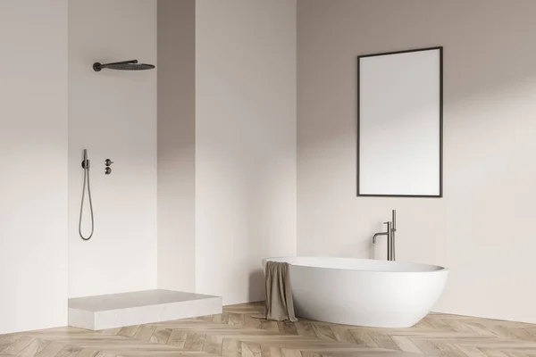Modernes Badezimmer Mit Keramikbadewanne Weiße Wände Parkettboden Leeres Gerahmtes Plakat — Stockfoto