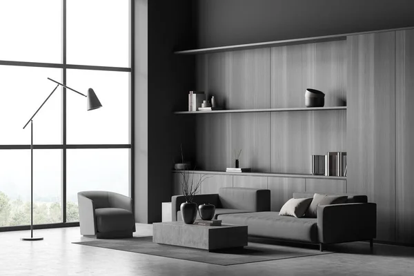 ヴィラリビングルームのデザインインテリア モダンな家具 コンクリート床 巨大なソファ アームチェアで木製の壁のクローゼット リラックスの概念 3Dレンダリング — ストック写真