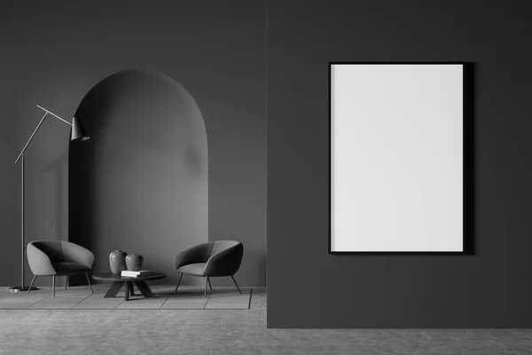 Copy space mockup wall poster in villa living room design interior, modern grey furniture, concrete flooring, armchair with lamp. Concept of relax. 3d rendering.