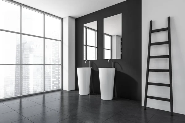 Interior Moderno Banheiro Com Dois Dissipadores Cerâmica Branca Piso Azulejos — Fotografia de Stock