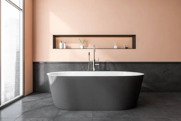 Interior Moderno Sala Banho Com Banheira Piso Azulejo Preto Deck — Fotografia de Stock