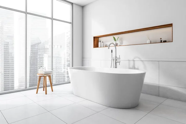 Corner View Bright Bathroom Interior Bathtub Concrete Tile Floor Panoramic — Stock Photo, Image