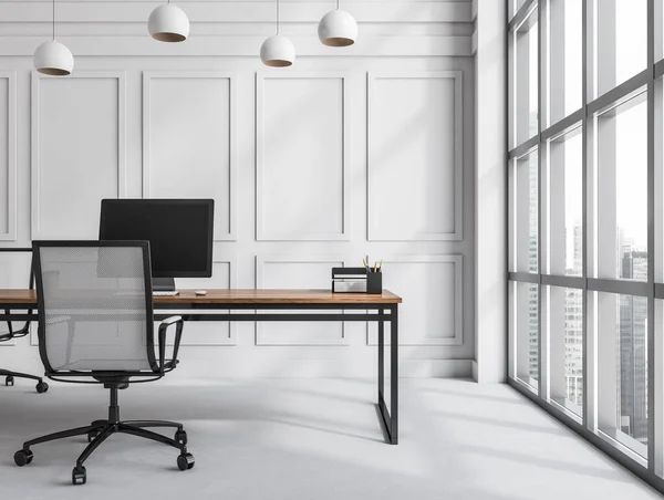 Helder Modern Kantoor Werkplek Interieur Met Desktop Panoramisch Venster Met — Stockfoto