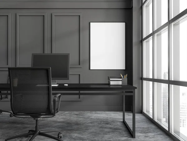 Dark Grey Modern Luxury Office Room Interior Desktop Panoramic Window — Stock Photo, Image