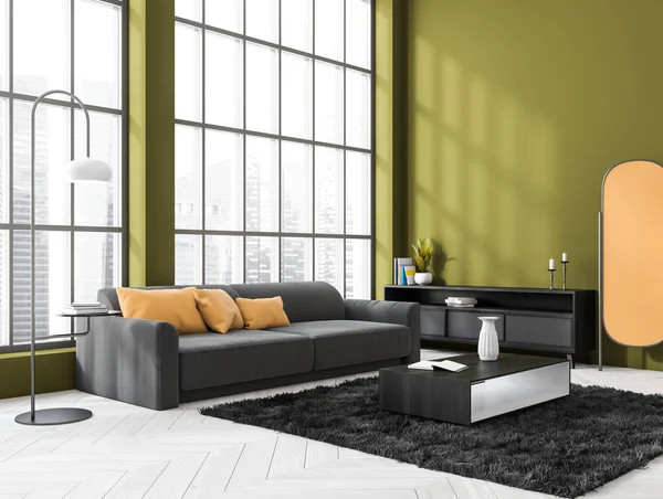 Corner view on dark living room interior with panoramic window with Singapore city view, sofa, coffee table and oak wooden hardwood floor. Minimalist design. Space for creative idea. 3d rendering
