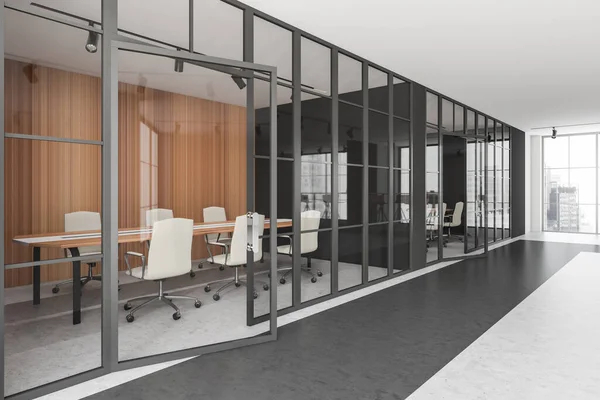 明亮的办公室内部与会议板 扶手椅 全景窗与新加坡城市摩天大楼 混凝土地板 玻璃隔板 工作过程和合作的场所 3D渲染 — 图库照片