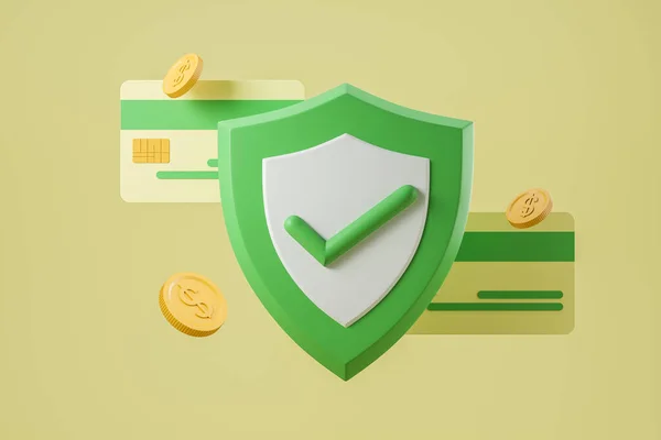 Financial security, business credit card with coins. Money transfer and green shield. Cryptocurrency and online banking, shopping. Concept of protection. 3D rendering