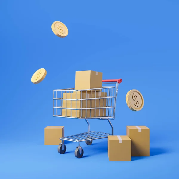 Dolarové Mince Padají Košík Supermarketu Lepenkové Krabice Zbožím Modré Pozadí — Stock fotografie