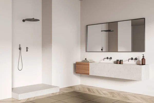 现代浴室内部有陶瓷双池 淋浴器 白墙硬木地板3D渲染 — 图库照片