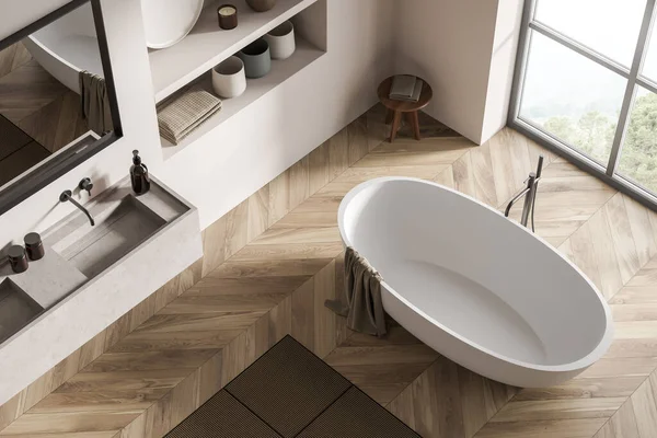 现代化的浴室内部与陶瓷浴缸 双水池 白墙硬木地板全景窗 顶部视图 3D渲染 — 图库照片