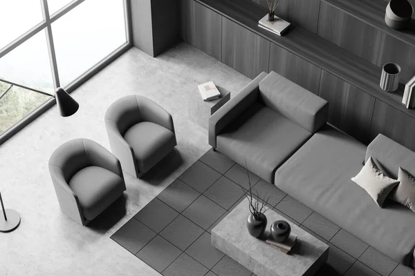 现代别墅客厅室内设计 木制家具 混凝土地板 巨大的沙发 两把扶手椅 顶部视图 放松的概念 3D渲染 — 图库照片