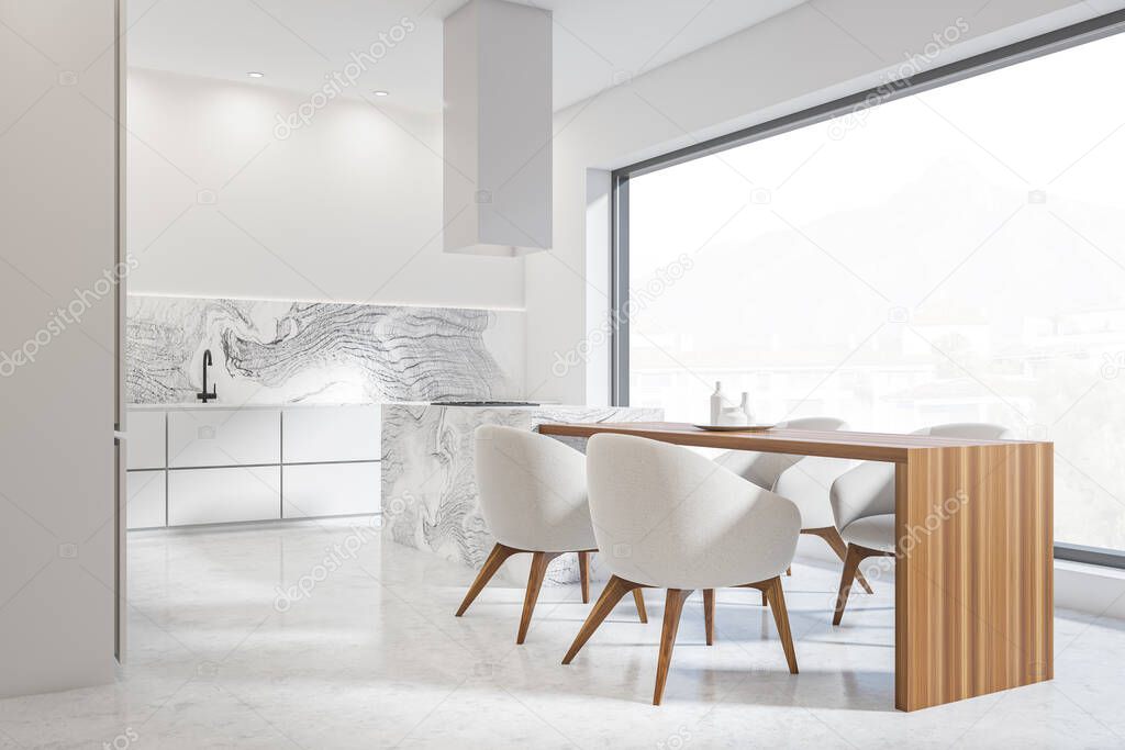 Corner view on bright kitchen room interior with panoramic window with town view, dining table with armchairs and concrete floor. Concept of minimalist design. Space for creative idea. 3d rendering