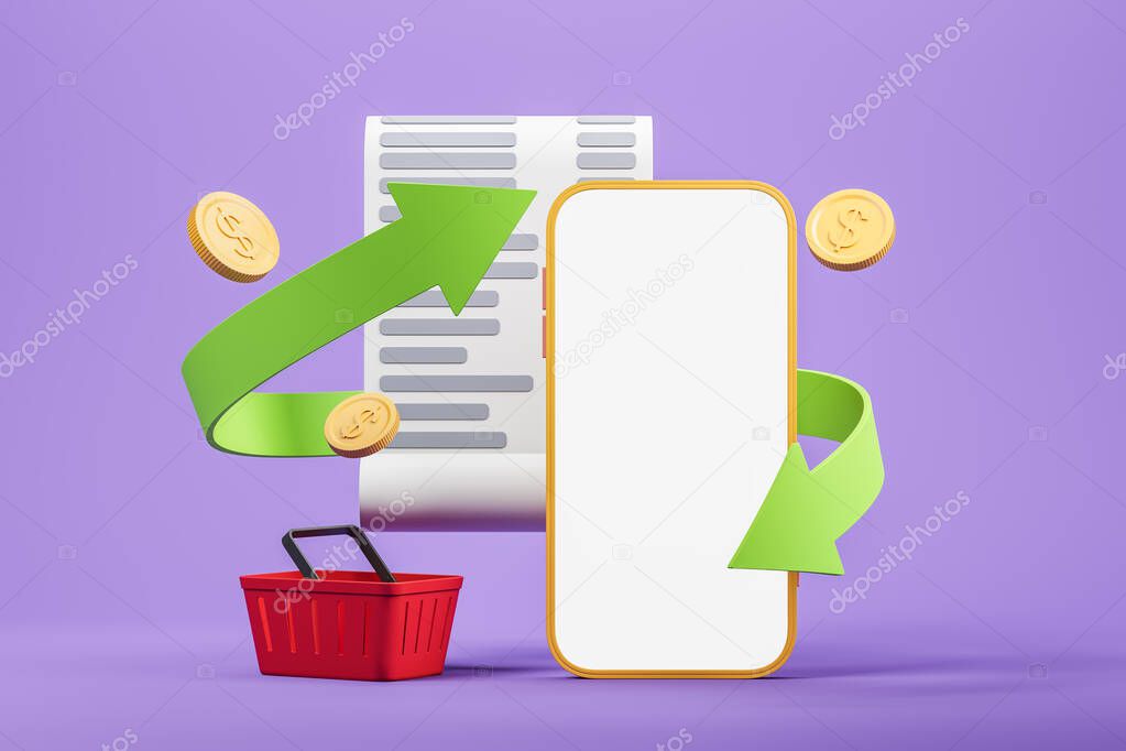 Smartphone with white mock up screen, receipt and falling down dollar coins, basket of goods. Twisted green arrow as concept of cash back transaction. Violet background. Online shopping. 3d rendering