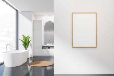 Beyaz küvet, lavabo, ayna, siyah seramik döşeme, panoramik pencere. Parlak duvarda beyaz çerçeveli poster. Yeni ev kavramı. Model modeller. 3d oluşturma.