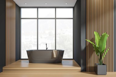 Karanlık banyo küveti, panoramik pencere kasaba manzaralı, gri duvarlar, ev bitkisi, meşe ağacı ahşap zemin ve havlu. Hijyenik ve spa prosedürleri kavramı. 3d oluşturma