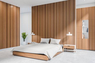 Parlak yatak odasının iç tarafı yatak odası, beyaz duvarlar, ahşap bölme, gardırop, beton zemin, bitki, kitaplar ve başucu. Çağdaş daire tasarımı kavramı. 3d oluşturma