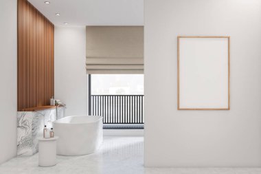 Parlak banyo içi boş beyaz poster, küvet, panoramik pencere şehir manzaralı, beton zemin. Sağlık için hijyenik ve spa prosedürleri kavramı. 3d oluşturma
